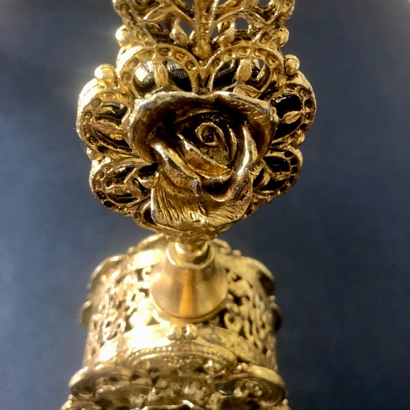 Vintage 9.5” Gold Metal Ormolu Filigree Perfume Bottle Ornate Rose - Picture 10 of 11